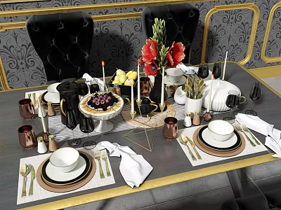 Elegant Dining Table Set With Black Chairs Red Flowers And Decorative Tableware 3d model