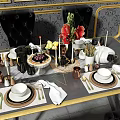 Elegant Dining Table Set With Black Chairs Red Flowers And Decorative Tableware 3d model