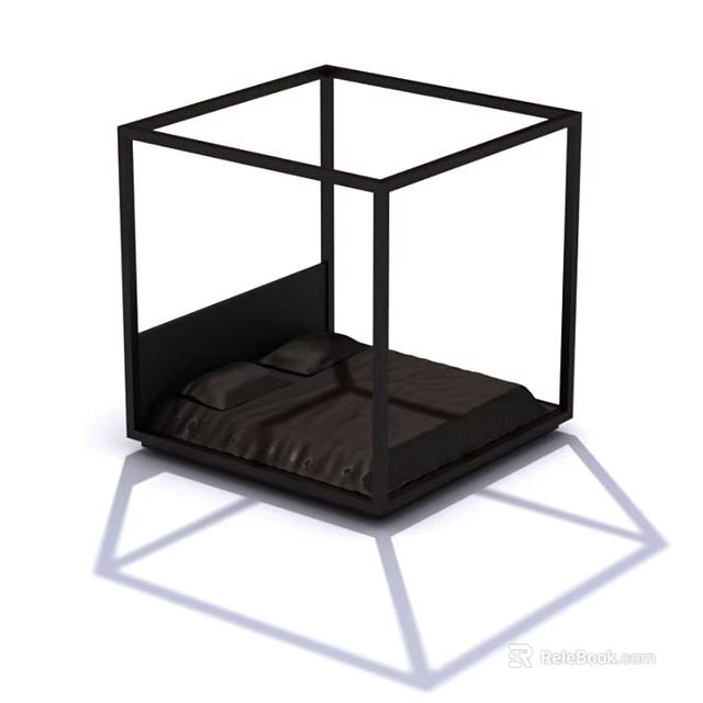 Modern Double Bed With Black Frame Dark Mattress And Minimalist Design 3d model 