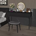 Modern Dressing Table With Round Mirror Gray Stool And Decorative Items In Bedroom