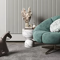 Green Accent Chair With Cozy Velvet Design Striped Wall And Marble Vase Decor