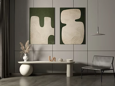 Modern Interior Featuring Abstract Green Beige Paintings White Table Vase Sculpture Gray Chair Pendant Light 3d model