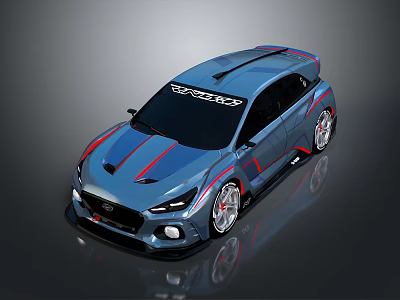 Blue Modified Car With Red Stripes Black Roof Spoiler And Alloy Wheels 3d model