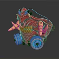 Red Mechanical Monster Toy With Glowing Blue Accents Gold Horns And Wheels