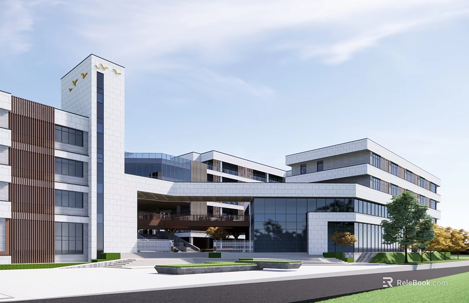 Modern School Campus Building With Glass Facade Greenery And Entrance Steps 3d model 