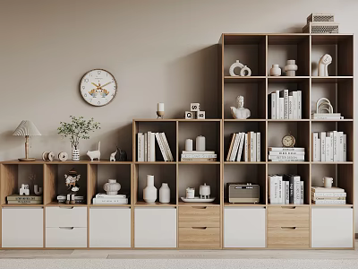 Modern Bookcase with Wooden and White Cabinets Books Decorative Items Clock and Lamp 3d model