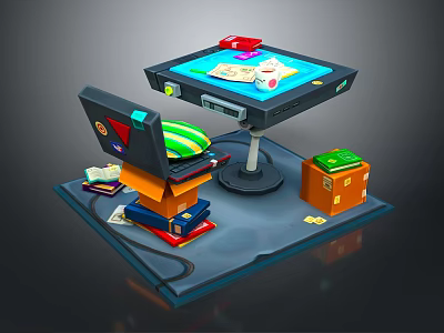 Modern Workspace Scene With Open Laptop Stacked Books And Orange Box On Table 3d model