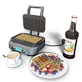 Modern Electric Waffle Maker With Freshly Baked Waffles Coffee And Fruit Toppings