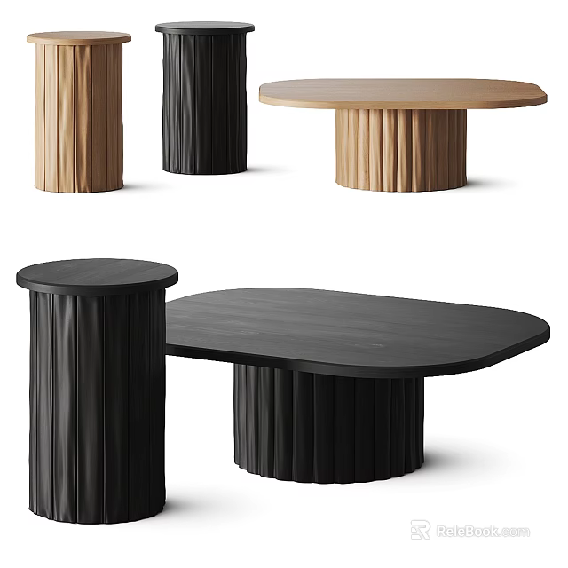 Modern Coffee Table Design With Oval Wooden Top And Ribbed Black Base 3d model 