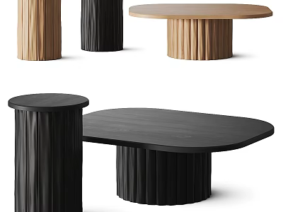 Modern Coffee Table Design With Oval Wooden Top And Ribbed Black Base 3d model