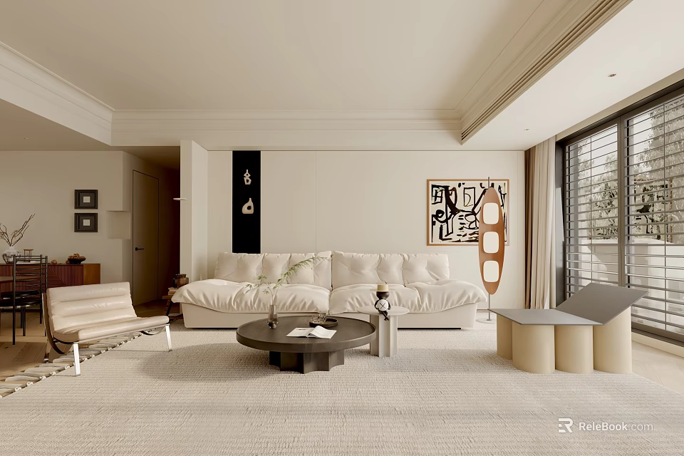Modern Living Room Interior With White Sofa Round Coffee Table Decorative Painting And Large Windows 3d model 