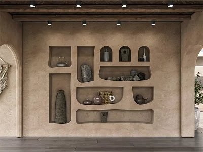 Textured Beige Wall with Recessed Niches Holding Decorative Pottery Artifacts Illuminated by Ceiling Recessed Lights 3d model