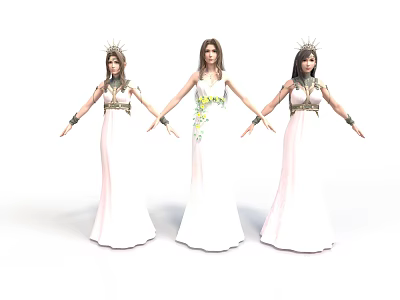 Three Women In White Long Dresses With Crowns Holding Hands Together 3d model