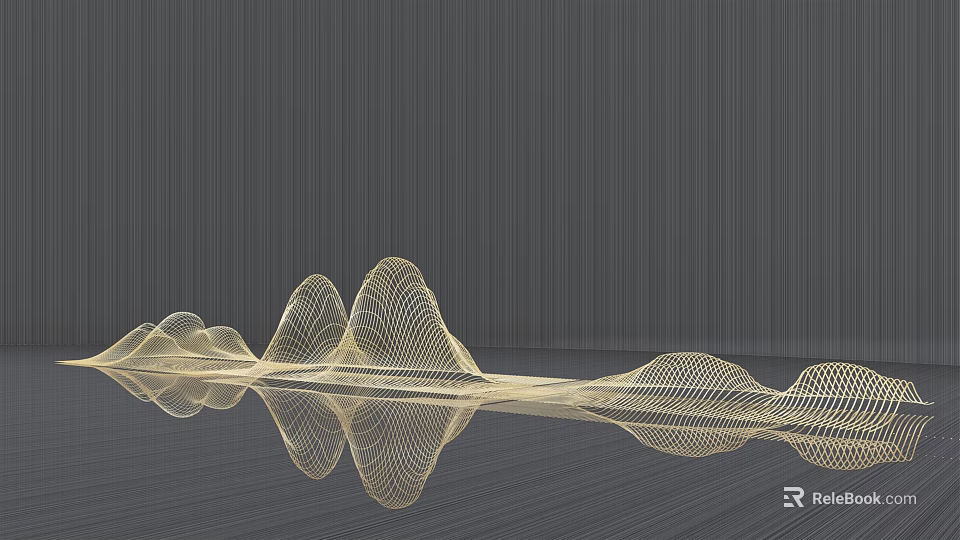 Gold Wire Wave Like Sculpture With Reflection On Gray Floor Background 3d model