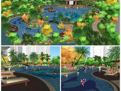 Urban Swimming Pool With Tropical Palms Greenery City View Lounge Chairs And People Recreation 3d model