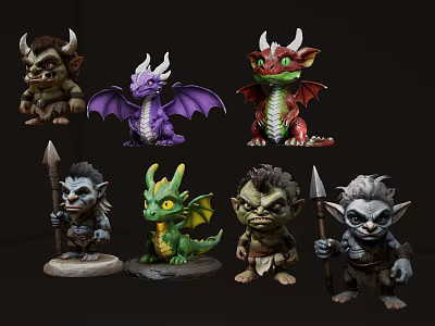 Fantasy Style Decorative Figurine Collection With Colorful Dragon And Goblin Creature Designs 3d model