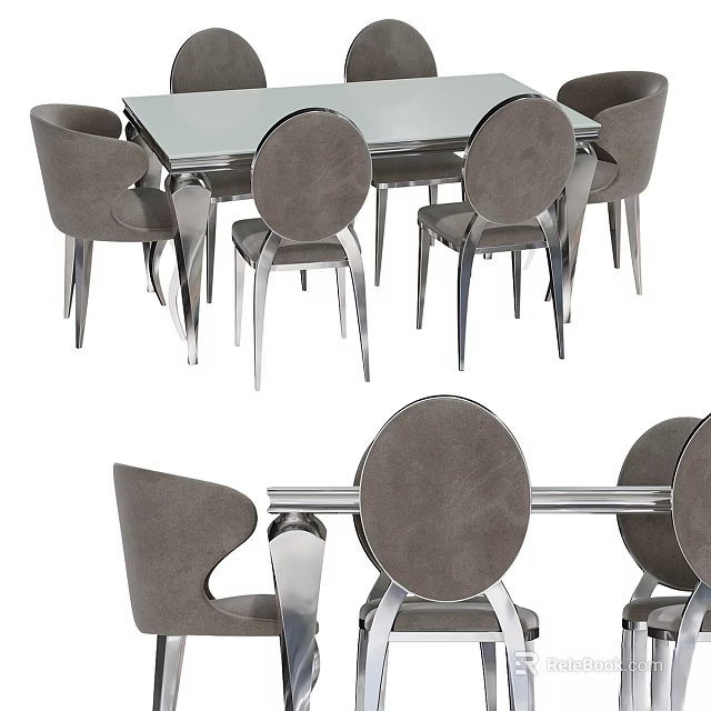 Modern Dining Table And Chairs Set With Glass Top And Grey Upholstered Metal Leg Chairs 3d model 