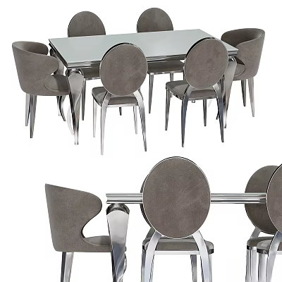 Modern Dining Table And Chairs Set With Glass Top And Grey Upholstered Metal Leg Chairs 3d model