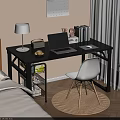 Modern Bedroom Desk with Laptop Table Lamp Radio Books Coffee Cup and White Chair