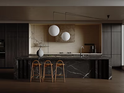 Modern Kitchen Bar Counter with Marble Top and Wooden Stools Under Hanging Spherical Lights 3d model