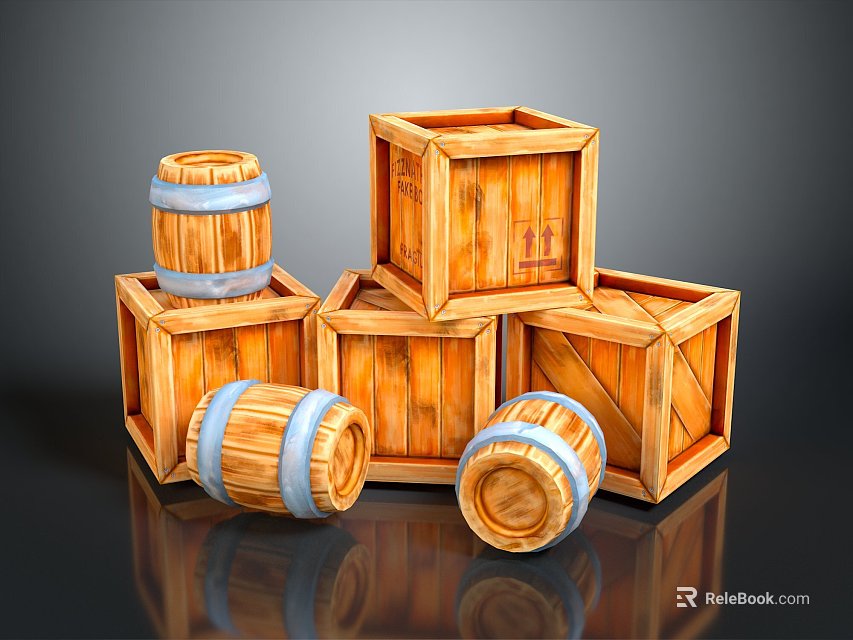 Natural Wood Boxes Stacked with Blue Hoop Barrels and Wooden Storage Containers 3d model 
