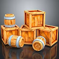 Natural Wood Boxes Stacked with Blue Hoop Barrels and Wooden Storage Containers