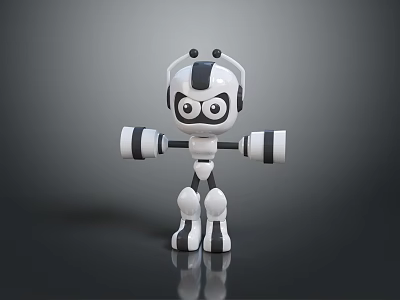 Game Movie Character 3D Robot Black White Design With Big Eyes Standing On Reflective Floor 3d model