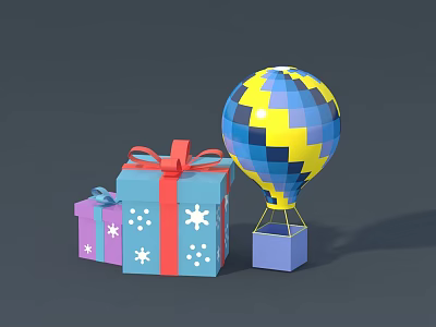 Colorful Gift Boxes With Red Ribbons And Blue Yellow Checkerboard Hot Air Balloon 3d model