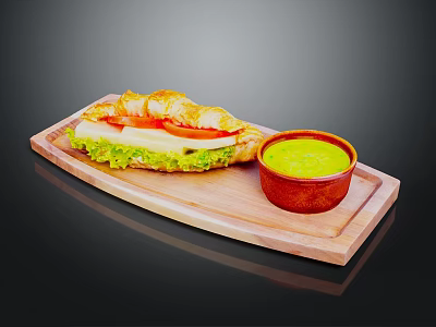 Fresh Croissant Sandwich With Lettuce Tomato Cheese And Green Sauce On Wooden Tray 3d model