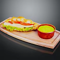 Fresh Croissant Sandwich With Lettuce Tomato Cheese And Green Sauce On Wooden Tray