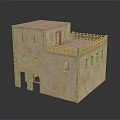 Beige Brick Two Story Building Model With Arched Door Windows And Second Floor Balcony Railing