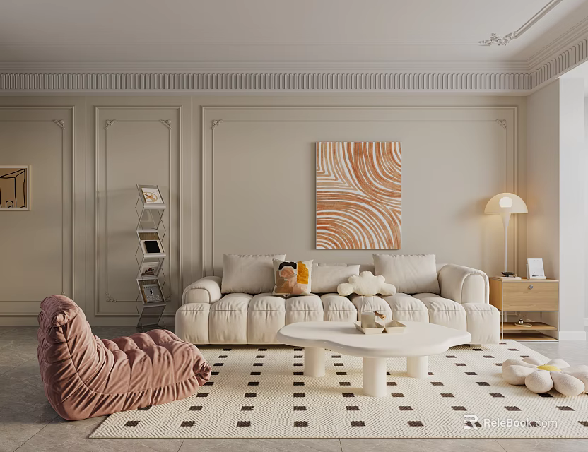Modern Living Dining Room with Beige Sofa Pink Armchair White Coffee Table and Decorative Artwork 3d model 