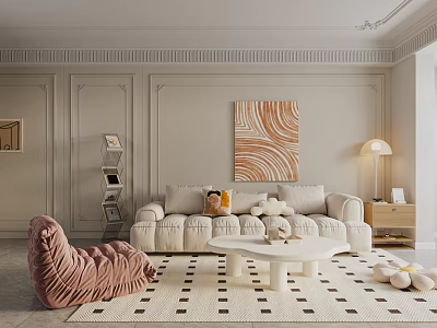 Modern Living Dining Room with Beige Sofa Pink Armchair White Coffee Table and Decorative Artwork 3d model