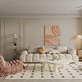 Modern Living Dining Room with Beige Sofa Pink Armchair White Coffee Table and Decorative Artwork