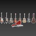 Collection of Musical Instruments and Art Supplies with Diverse Guitars and Red Art Tools