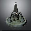 Fantasy Mechanical Sculpture With Red Ring Top And Green Mossy Base And Decorative Details