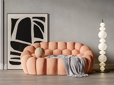 Peach Button tufted Sectional Sofa With Gray Blanket Decorative Ball And Black White Abstract Painting 3d model