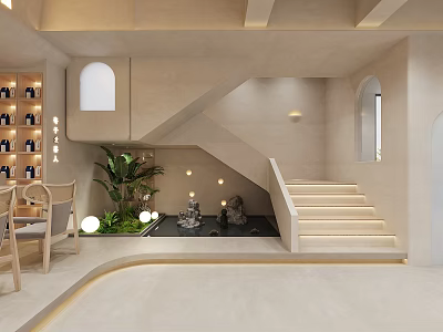 Minimalist Interior Space With Staircase Green Plants And Wine Rack 3d model