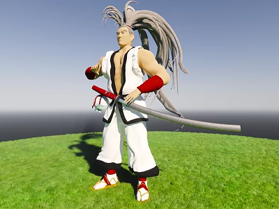 Game Movie Character With Silver Long Hair White Outfit Red Wristbands Holding Long Sword Green Grass 3d model