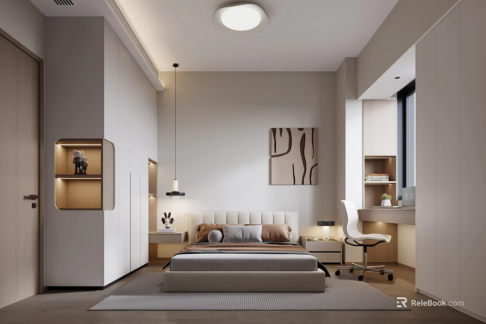 Modern Kids Room Interior Design With Bed Bedside Tables Desk Chair Wardrobe And Wall Painting 3d model 