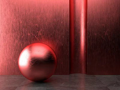 Glossy Red Sphere With Textured Metallic Red Wall And Dark Stone Floor 3d model
