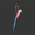 Red and blue parrot perched on wooden bird stand with metal frame