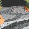 Outdoor Curved Staircase With Stone Pavement Orange Rails And Green Trees