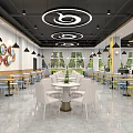 Spacious Cafeteria Interior With Food Stalls Yellow Pillars Wooden Ceiling And Tables Chairs