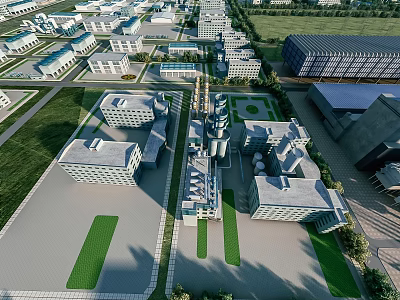 Aerial View of Modern Industrial Factory Complex with Multiple Buildings and Green Spaces 3d model