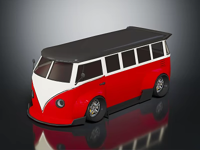 Red and White Vintage Bus With Black Roof Multiple Windows and Sleek Retro Design 3d model