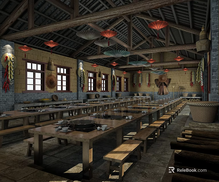 Traditional Restaurant Interior With Wooden Beams Red Lanterns Long Tables And Benches 3d model 