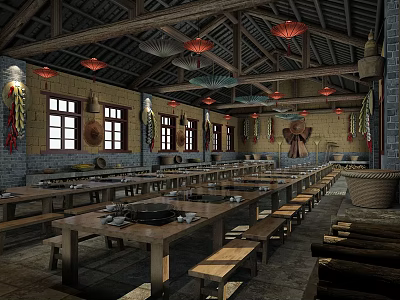 Traditional Restaurant Interior With Wooden Beams Red Lanterns Long Tables And Benches 3d model