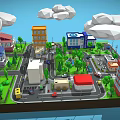 Lively Commercial Street with Various Buildings Green Trees Roads and Vehicles