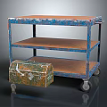 Rolling Three Tier Shelving Cart With Blue Frame Wooden Shelves And Toolbox